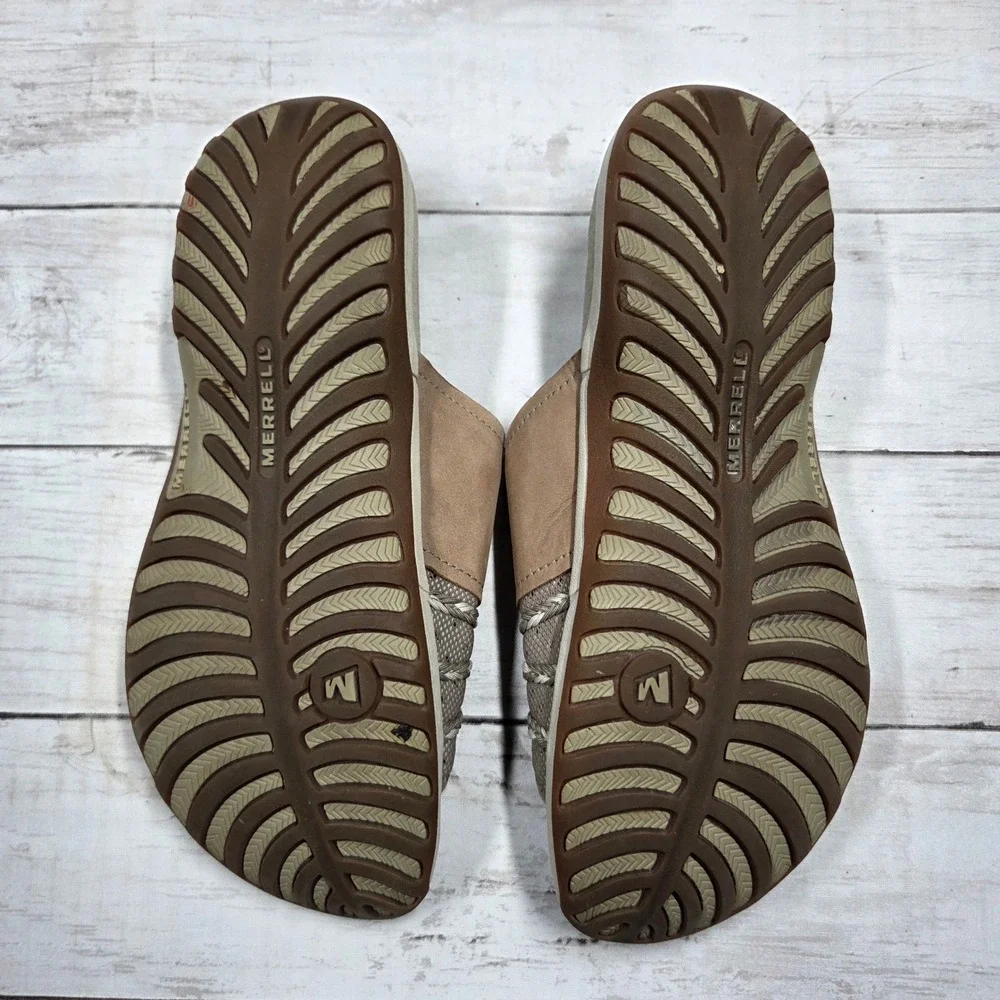 Merrell Lilyfern Aluminum Slide Sandals Womens 8 Tan Leather Mesh Braided S29
